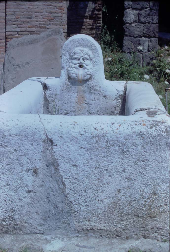 Decumanus Maximus, Herculaneum, 7th August 1976.
Looking north to fountain decorated with head of Hercules, at east end of the Decumanus Maximus.
Photo courtesy of Rick Bauer, from Dr George Fay’s slides collection.
